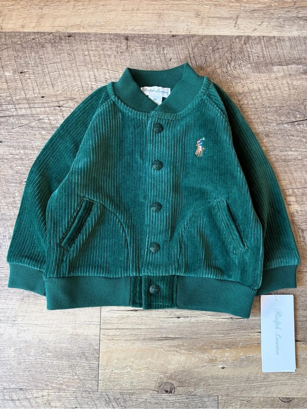 Ralph Lauren Baby Boy Green Knit Corduroy Snap Button Baseball Jacket 6M